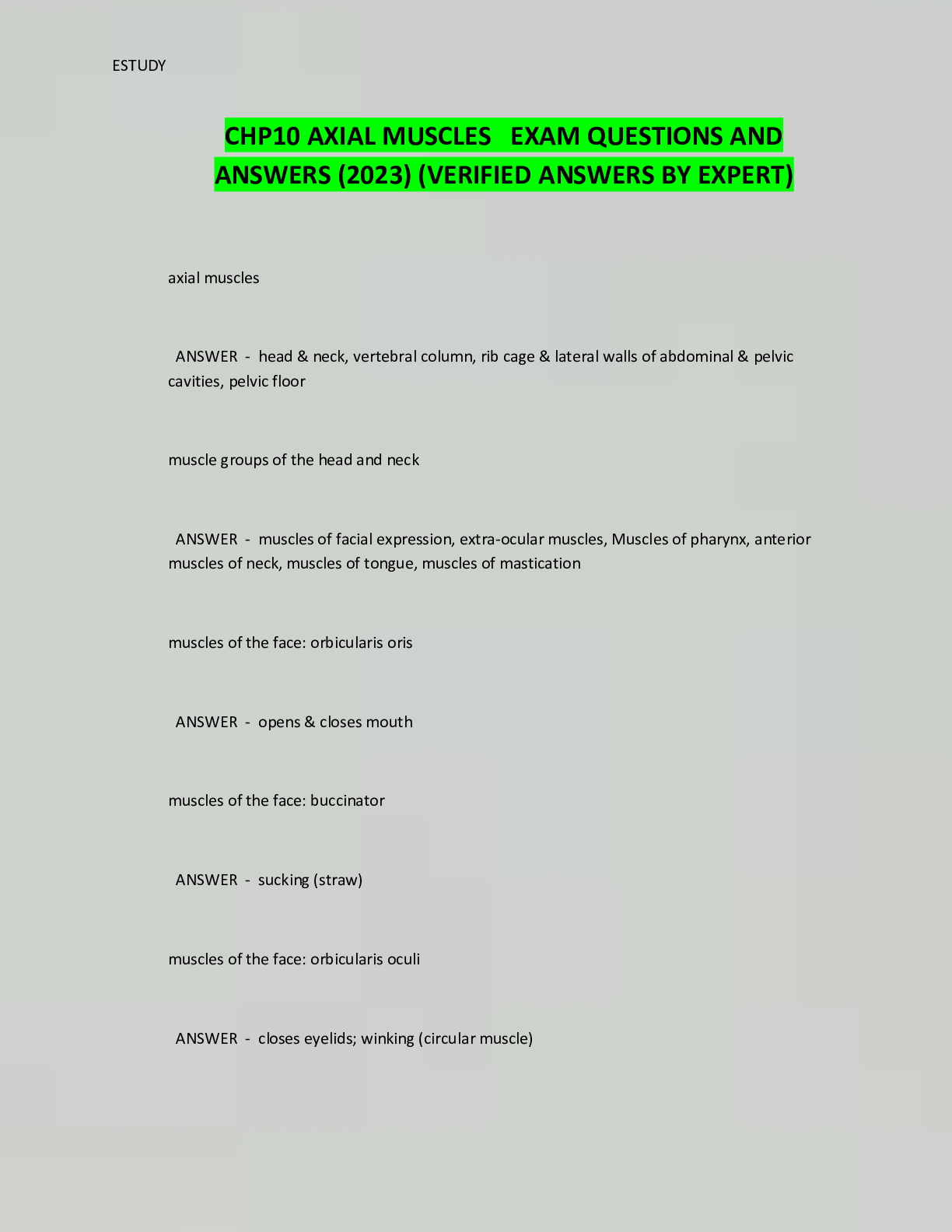 Preview image for CHP10 AXIAL MUSCLES EXAM QUESTIONS AND  ANSWERS (2023) (VERIFIED ANSWERS BY EXPERT)